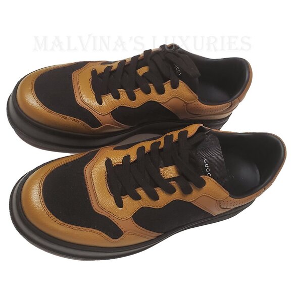 GUCCI MENS SNEAKERS BASKET GG LOGO JACQUARD BROWN LEATHER SHOES sz 10 10.5 US - Picture 5 of 15